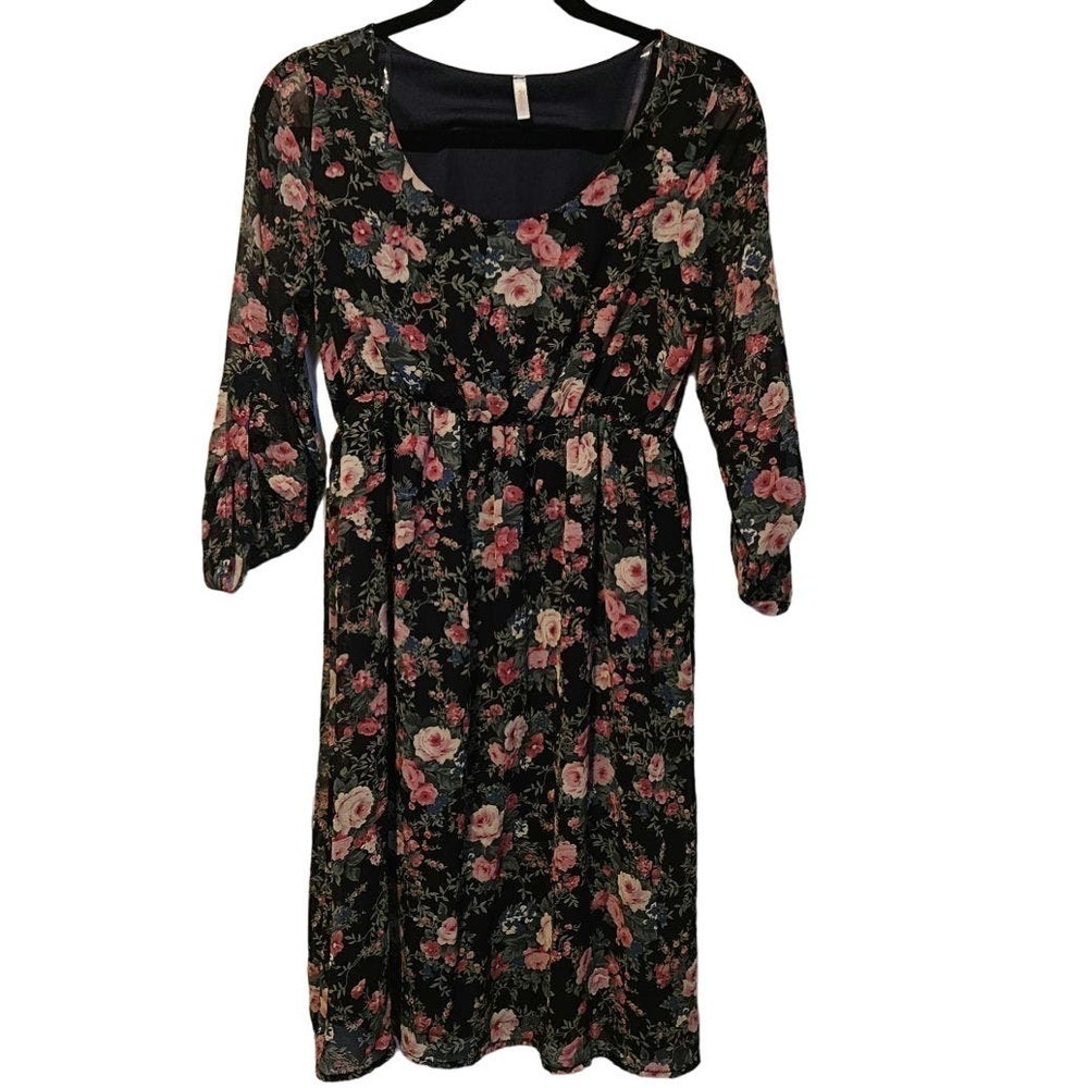 Pinkblush maternity long sleeve knee length dress navy florals size medium